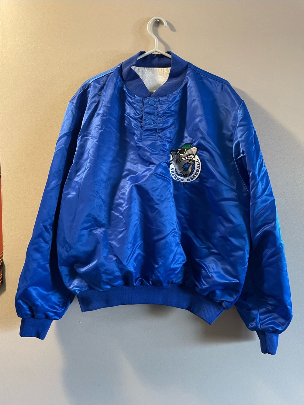 Blue Satin Pullover Jacket with Embroidered Shark Logo